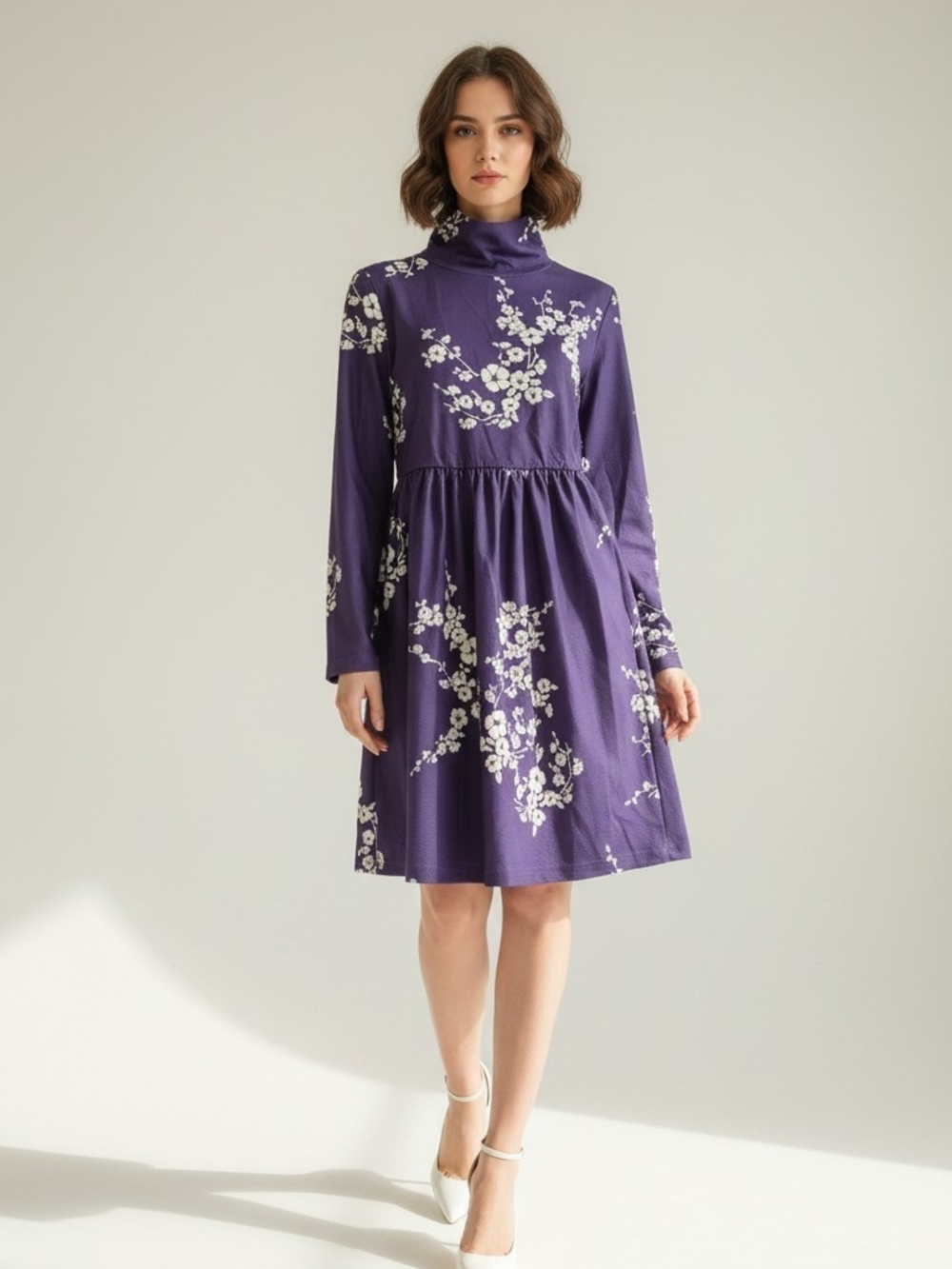 Purple Floral Turtleneck Long-Sleeve Dress